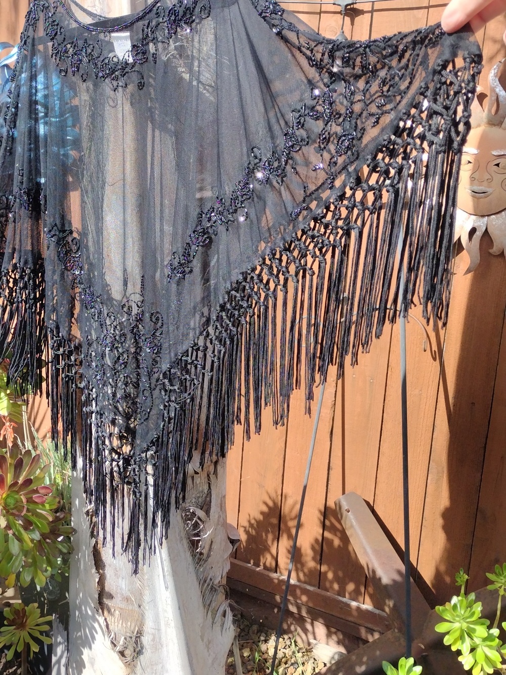 Vtg Gothic Sheer Embroidered Glass Beads Sequins & Fringe Stevie Nicks Poncho - Picture 3 of 16